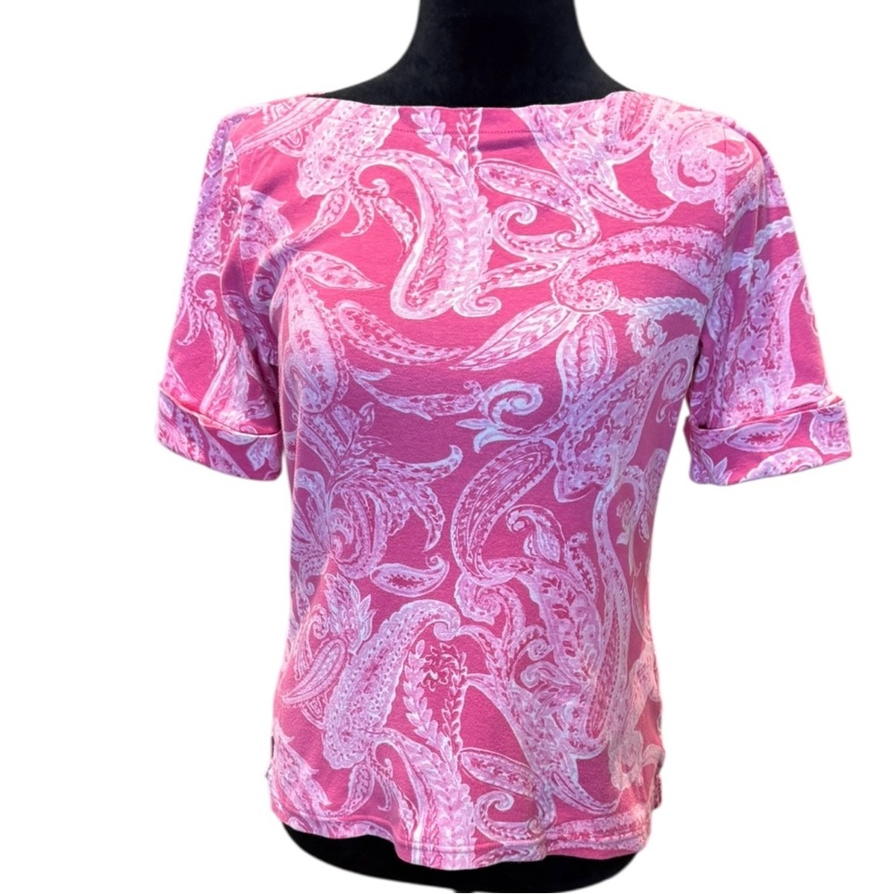 Lauren Ralph Lauren Blouse Pink White Paisley Short Sleeve T-Shirt Top Medium